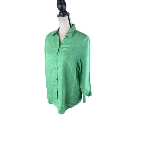 Lauren Ralph Lauren Linen Green Crested Long Sleeve Button Down Shirt Academia C - Picture 2 of 8